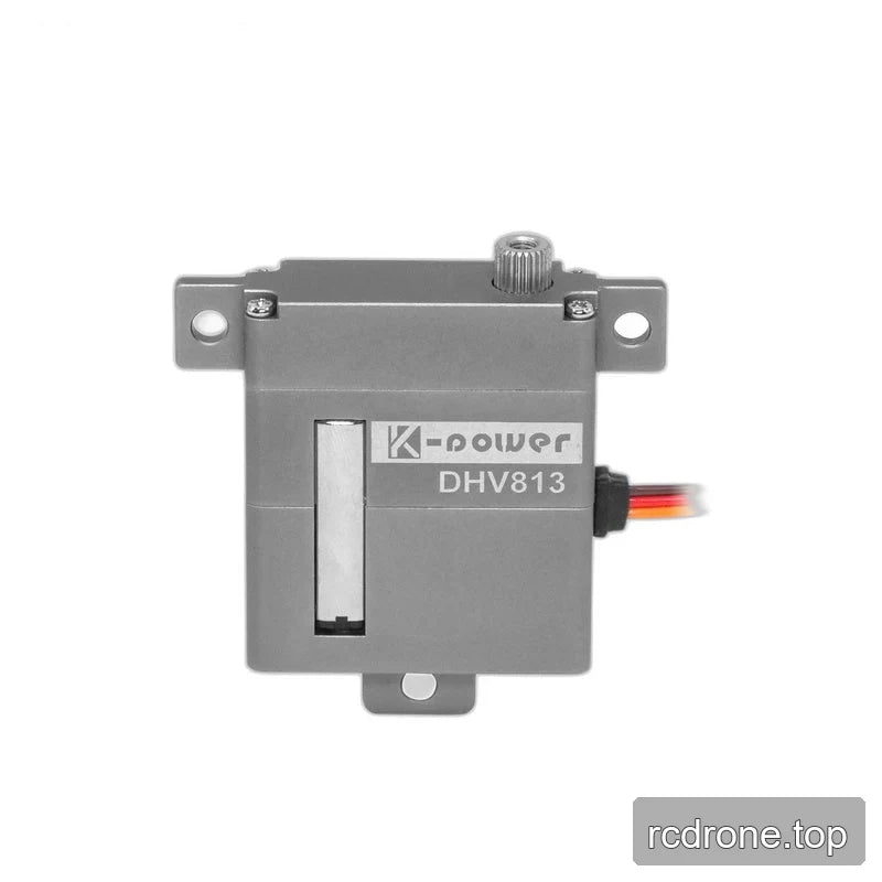 Front view of the gray DHV813 servo with a vertical silver inset, three mounting tabs, top shaft, and right-side wires.
