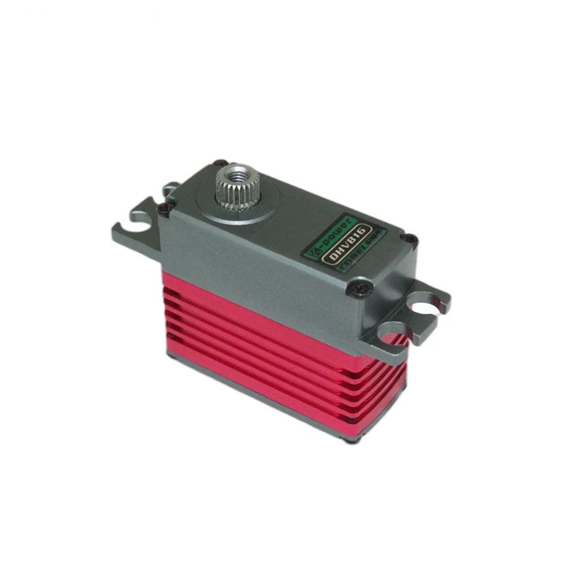 Angled servo view showing the gray labeled top, silver splined shaft, pink-red side ribs and slotted mounting tabs.
