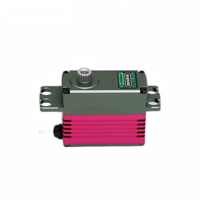 Gray and pink-red DHV816 servo with ribbed housing, splined output shaft and paired mounting slots on each side.