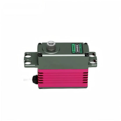 Gray and pink-red DHV816 servo with ribbed housing, splined output shaft and paired mounting slots on each side.
