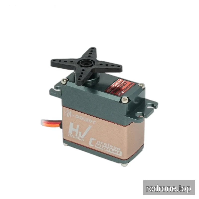 Bronze-colored DHV821 servo with a black four-arm horn fitted to the output shaft and mounting tabs visible.