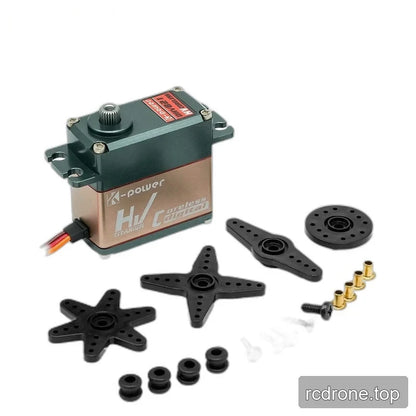 DHV821 servo beside four differently shaped black horns, rubber grommets, brass-colored sleeves, and mounting hardware.