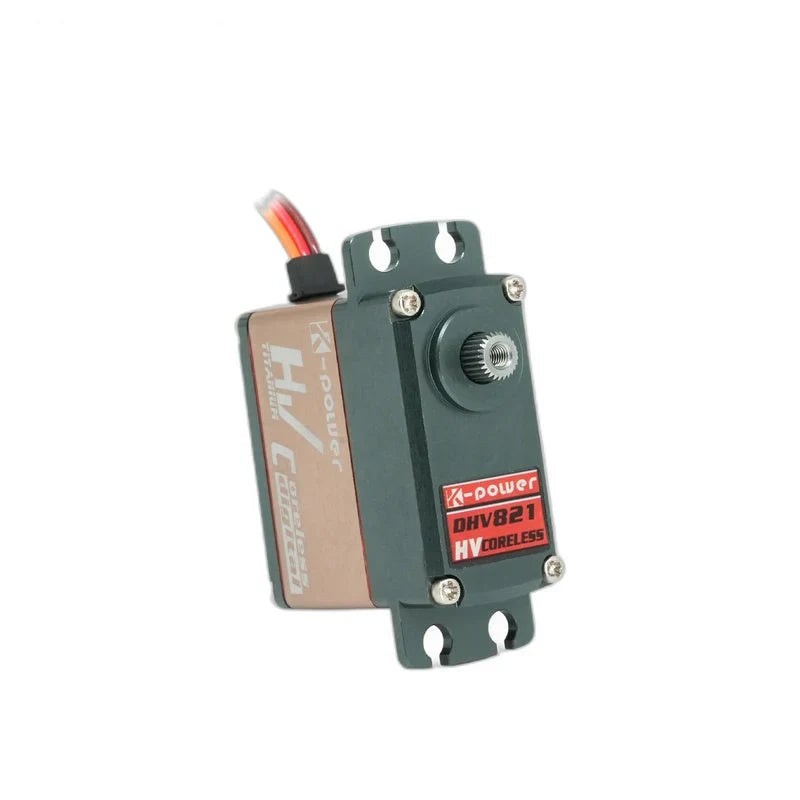 Angled upright view of the DHV821 servo showing its red model label, splined shaft, and slotted mounting tabs.