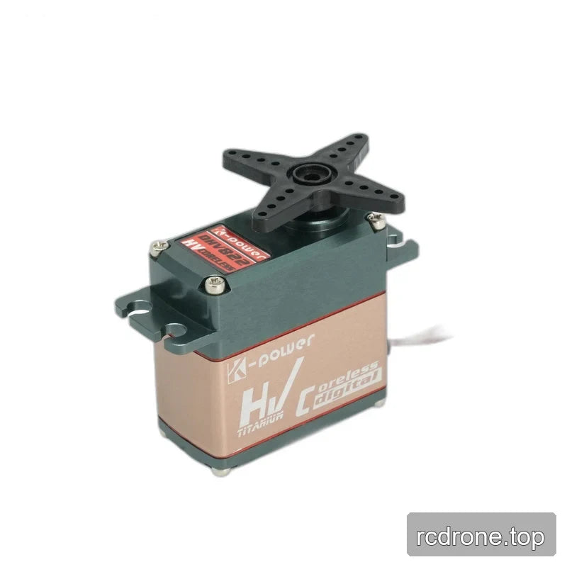 Kpower servo with a black four-arm horn attached above the dark green housing and bronze-colored body.