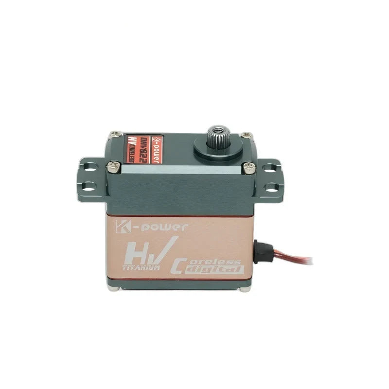 Kpower DHV822 servo viewed from the front, showing the exposed splined shaft, mounting tabs, and right-side lead.