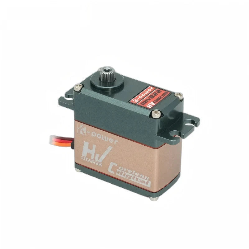 Angled view of the DHV822 servo showing its bronze-colored right side, dark green top, and exposed output shaft.