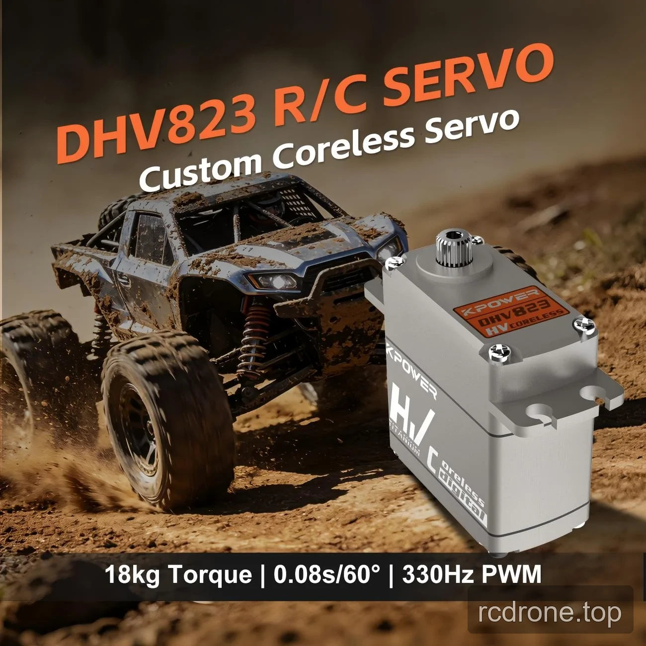 DHV823 R/C servo beside an off-road radio-controlled truck