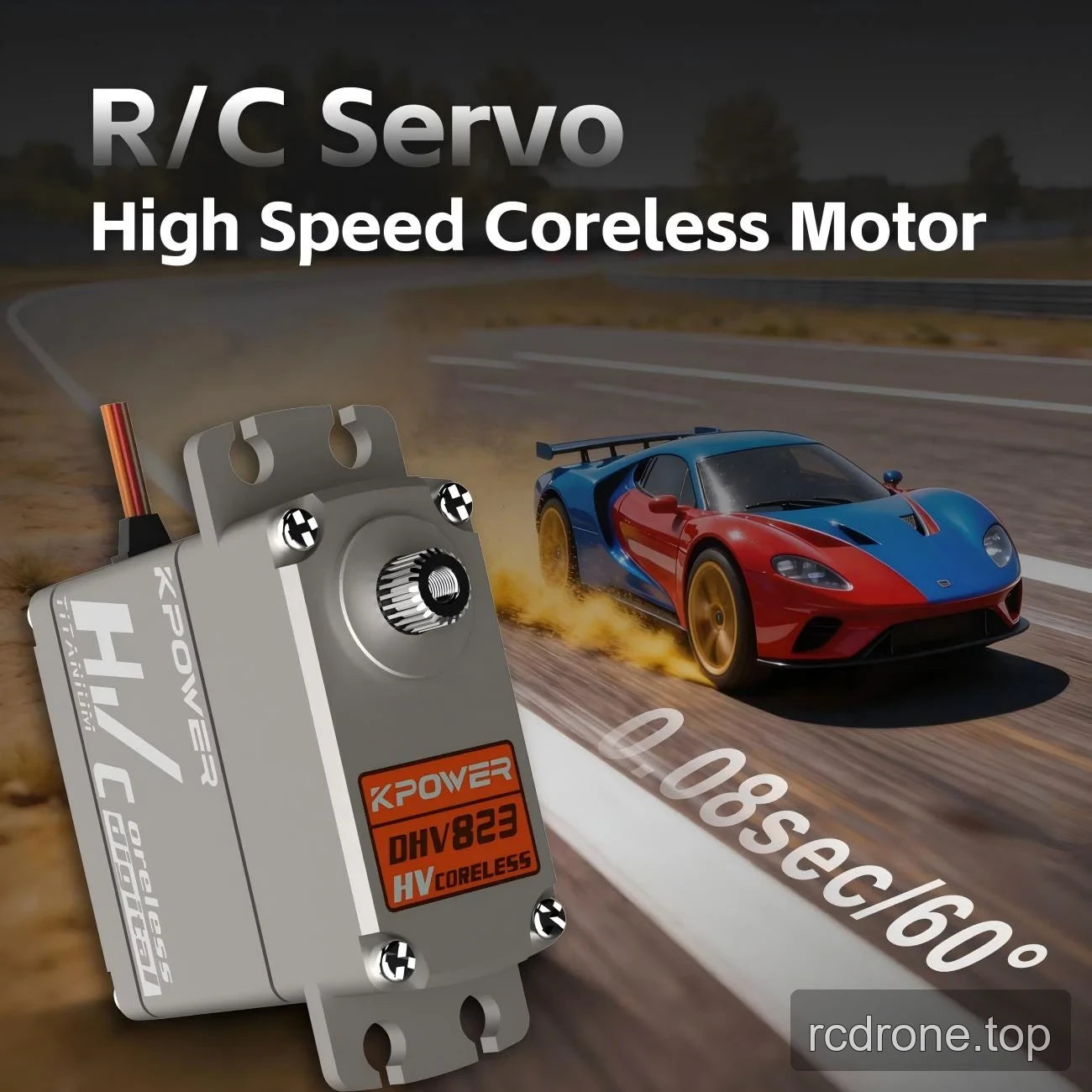 Coreless DHV823 servo beside an R/C road car with speed label