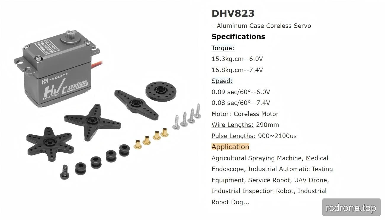 DHV823 servo, specification panel, four servo horns and mounting hardware