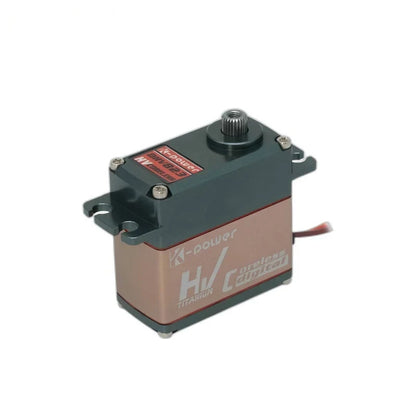 Bronze-colored servo with dark housing, splined output shaft and mounting tabs, viewed at an angle with lead on the right.
