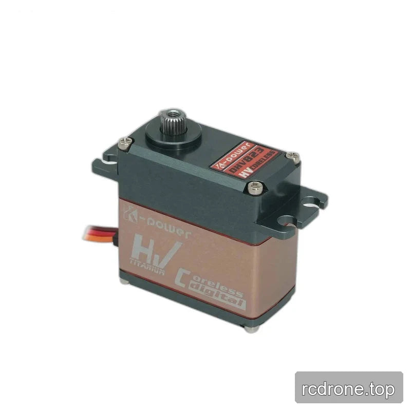 Servo viewed from the opposite angle, showing the right end of its bronze-colored case, top model label and lead on the left.