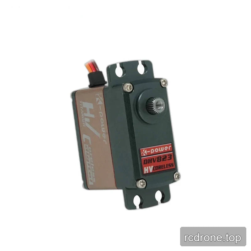 Tilted servo showing the splined shaft with threaded center, DHV823 HV coreless label and slotted mounting tabs.