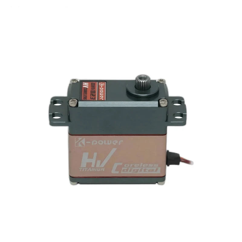 Straight-on view of servo showing the bronze-colored labeled side, top output shaft, mounting tabs and right-side wire exit.