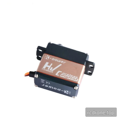 Copper-colored servo side panel marked HV Titanium and Coreless Digital, with dark rear cover, mounting tabs, and short lead.
