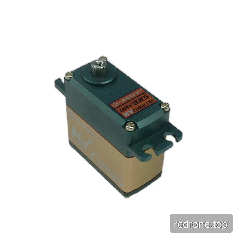 Elevated view of the DHV825 servo showing its gold-toned side casing, dark front housing, output shaft, and mounting tabs.