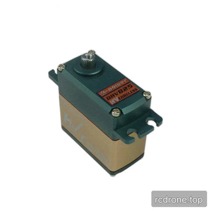 Elevated view of the DHV825 servo showing its gold-toned side casing, dark front housing, output shaft, and mounting tabs.