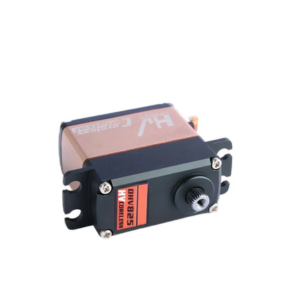 Horizontal angled view of the DHV825 servo with front label, splined output shaft, copper-colored casing, and slotted tabs.