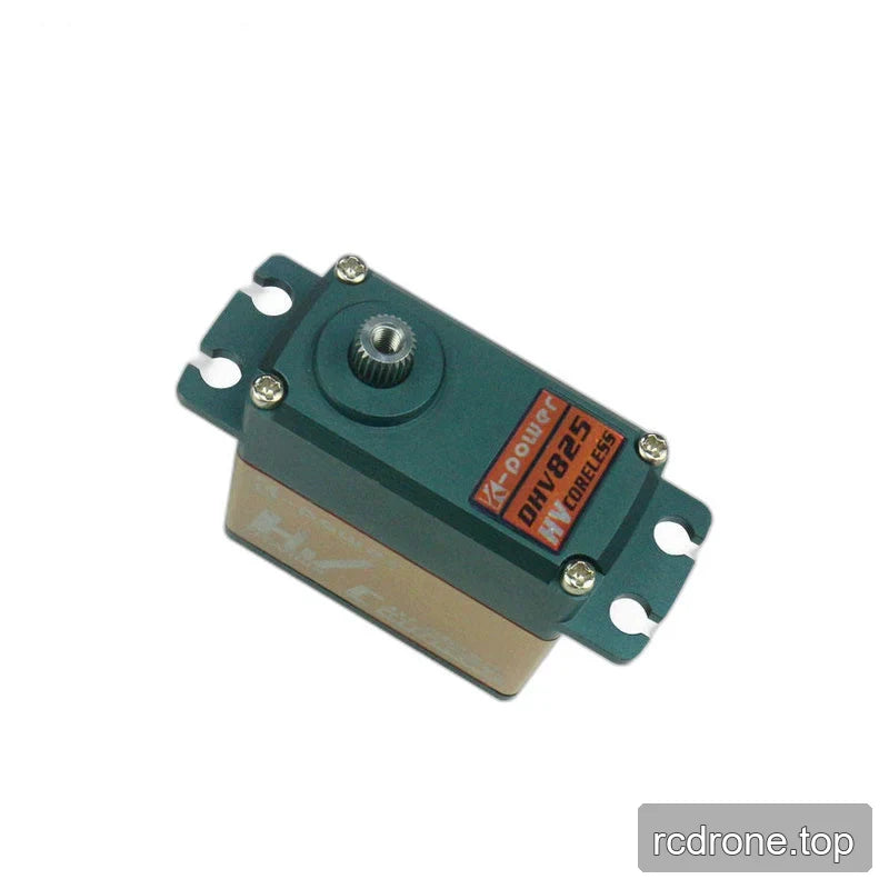 Near-overhead view of the servo front plate with DHV825 label, threaded splined shaft, four screws, and slotted mounting tabs.