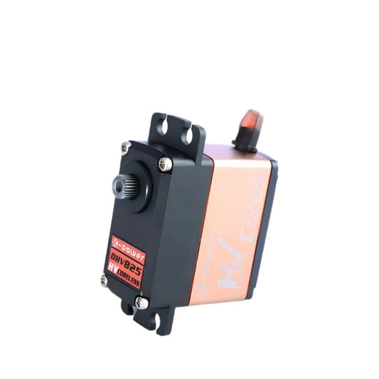 Kpower DHV825 servo in upright angled view, showing copper-colored side casing, output shaft, mounting tabs, and lead.