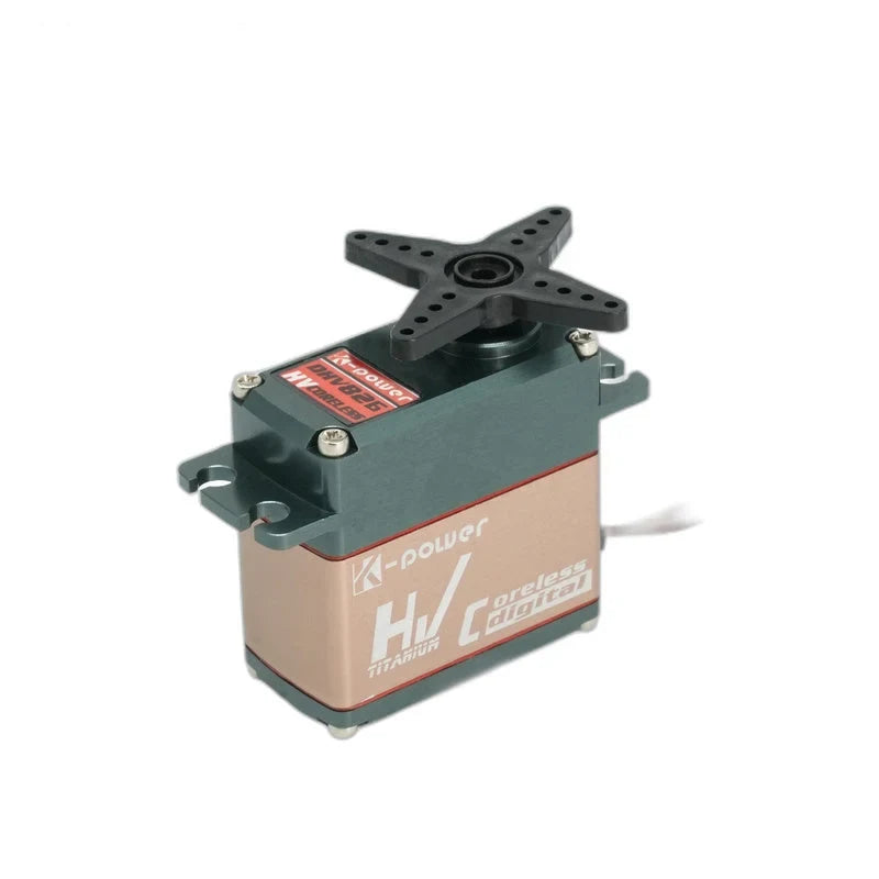 Kpower DHV826 servo with a black four-arm horn attached above its dark housing and rose-gold side panel.