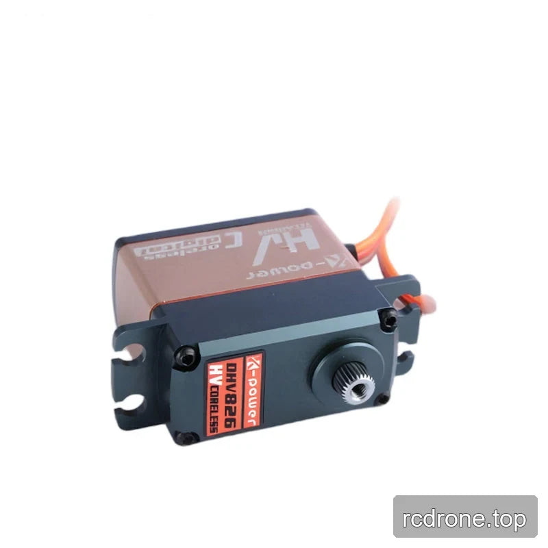 Horizontal servo view showing the exposed splined shaft, front model label, slotted mounting tabs, and trailing wires.