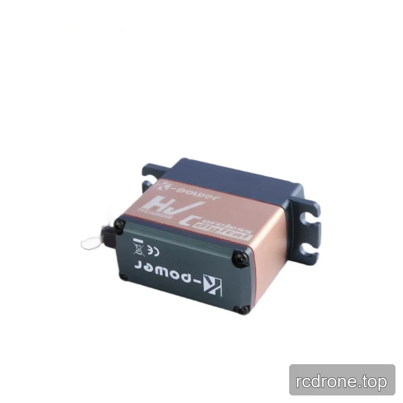 Rear view of the servo showing its branded dark cover, four corner screws, rose-gold side panel, and mounting tabs.