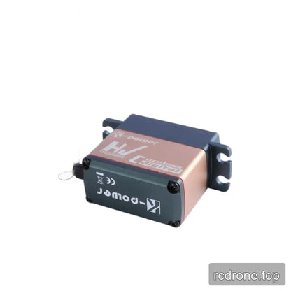 Rear view of the servo showing its branded dark cover, four corner screws, rose-gold side panel, and mounting tabs.