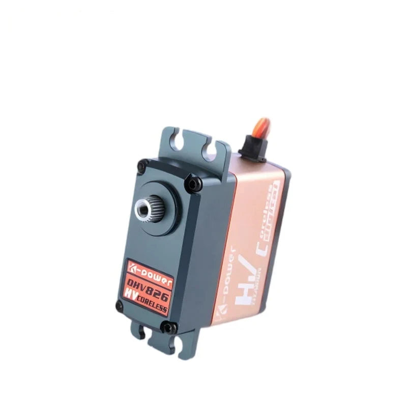 Servo tilted upright with an exposed splined shaft, DHV826 label, right-side rose-gold panel, and short wire lead.