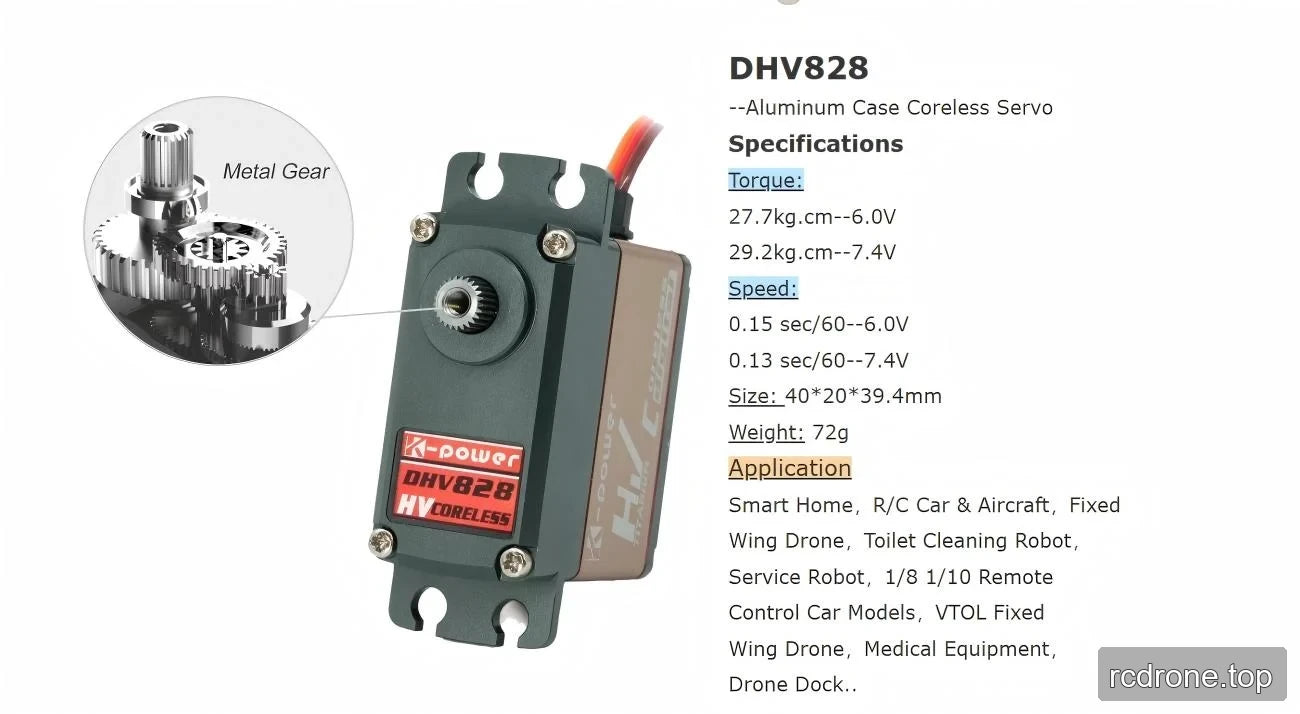 DHV828 metal-geared coreless servo with voltage-dependent performance specifications