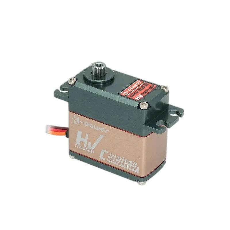 Angled DHV828 servo showing the top model label, bare output shaft, copper-colored side panels, and mounting tabs.