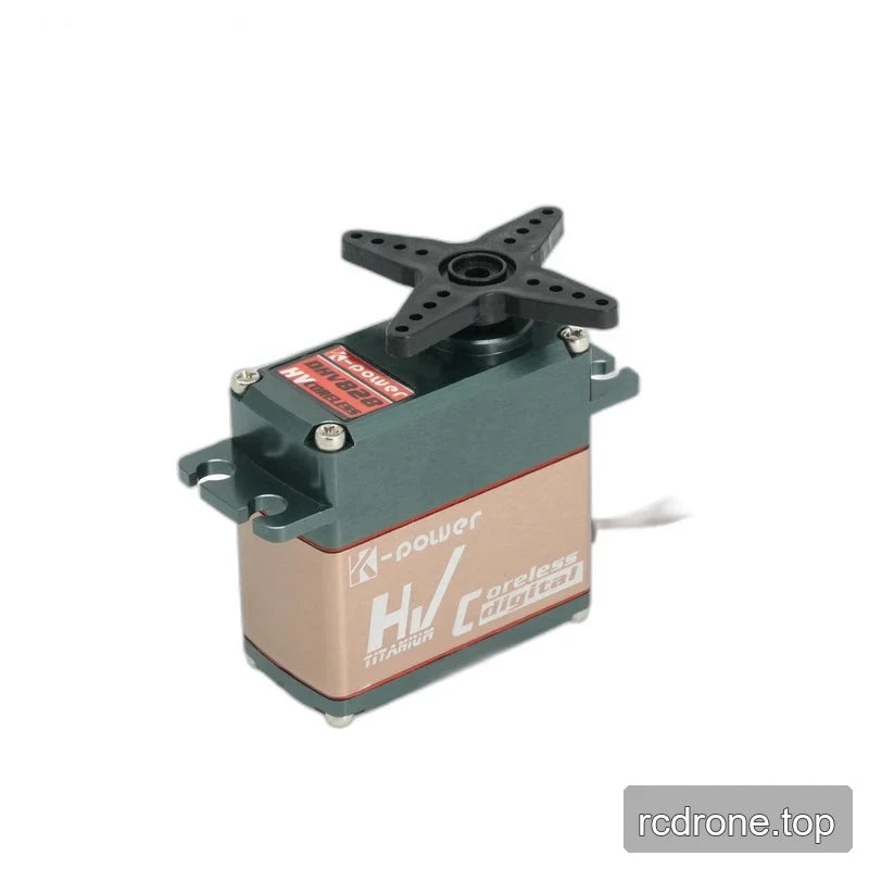 DHV828 servo with a black four-arm perforated horn fitted on top, copper-colored housing, and dark green mounting tabs.