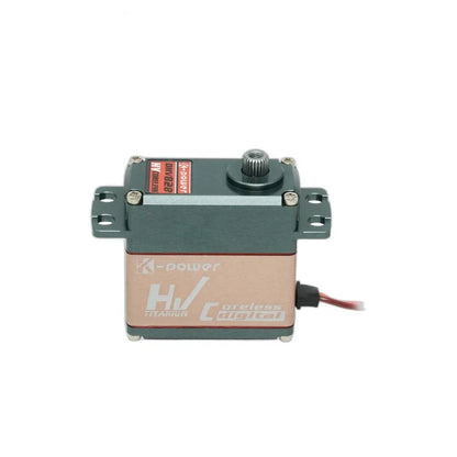 Front view of the DHV828 servo with copper-colored housing, exposed splined shaft, mounting tabs, and right-side lead.