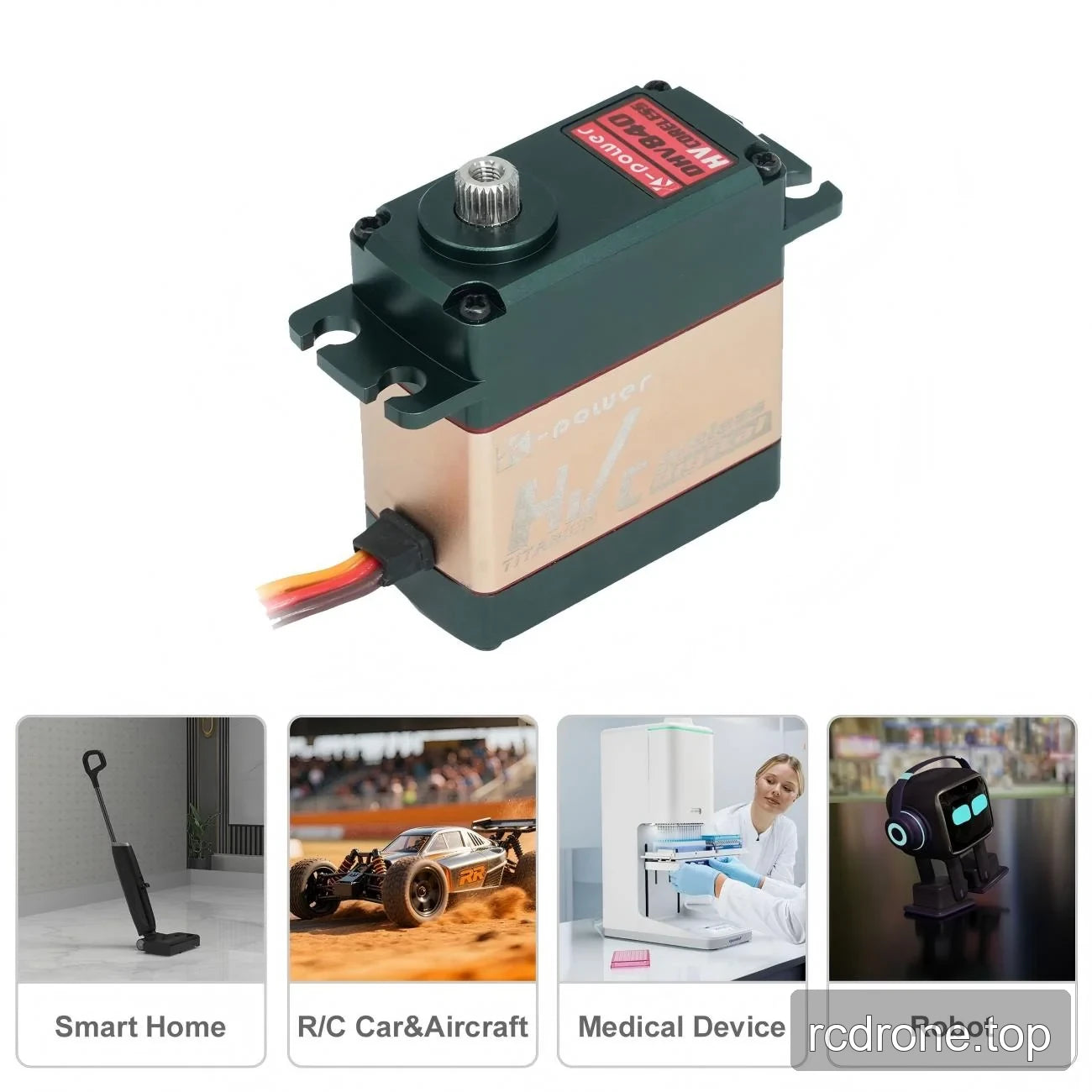 Kpower DHV840 servo with splined shaft, mounting tabs, and application labels