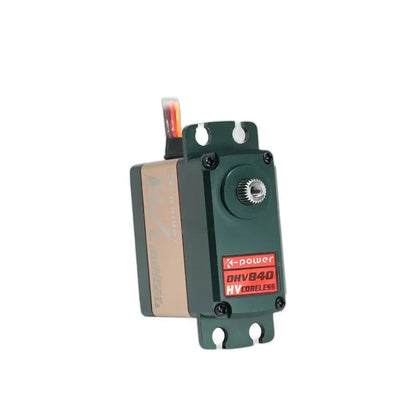 DHV840 servo with shaft face toward the viewer, showing the red HV CORELESS label, four screws, and mounting slots.