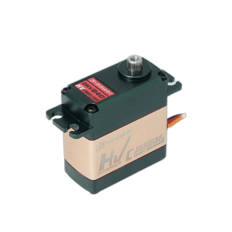 Dark green and gold DHV840 servo in upright three-quarter view, showing the splined shaft and slotted mounting tabs.