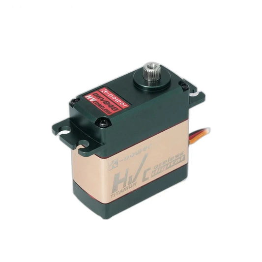 Dark green and gold DHV840 servo in upright three-quarter view, showing the splined shaft and slotted mounting tabs.