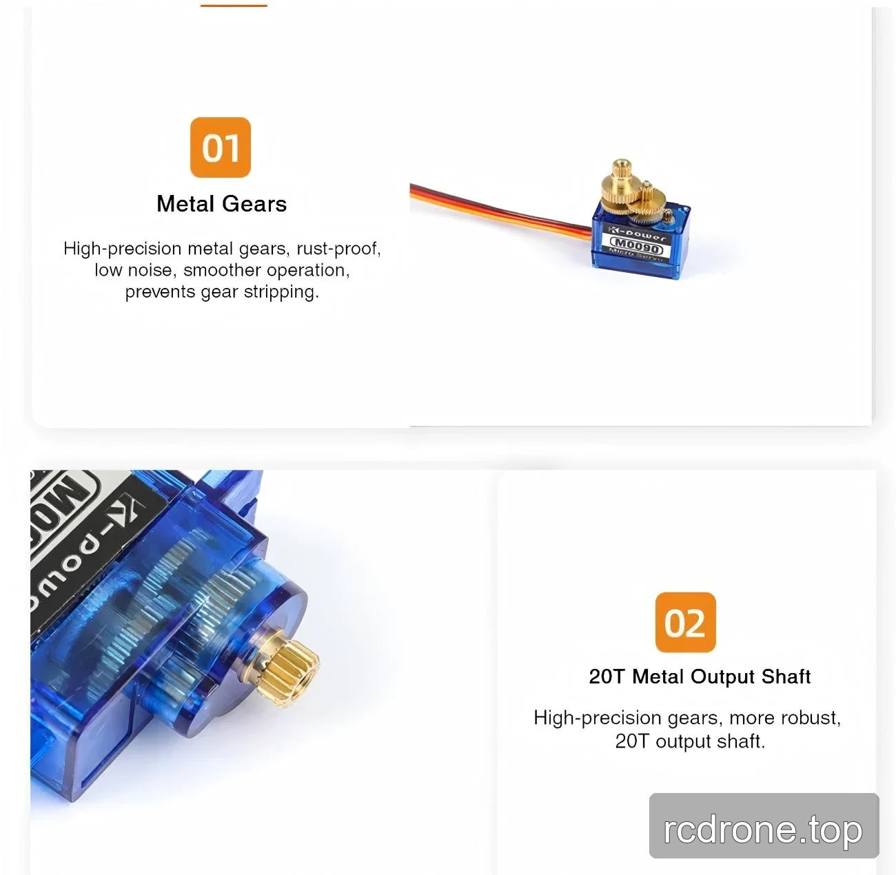 M0090-labelled blue servo with exposed metal gears and an output-shaft close-up