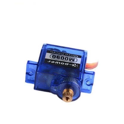 Blue servo viewed with its splined shaft facing forward, showing mounting holes, a wire lead, and an M0090 Micro Servo label.