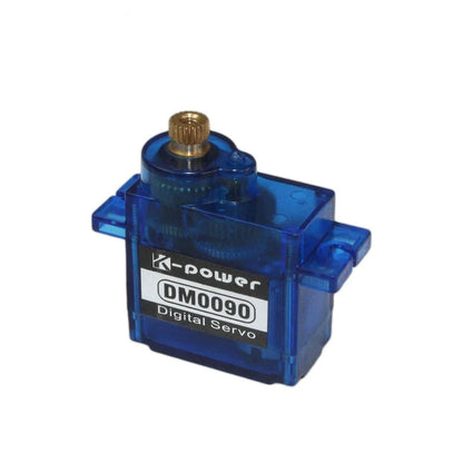 Translucent blue Kpower DM0090 digital servo standing upright with a brass-colored splined shaft and mounting tabs.