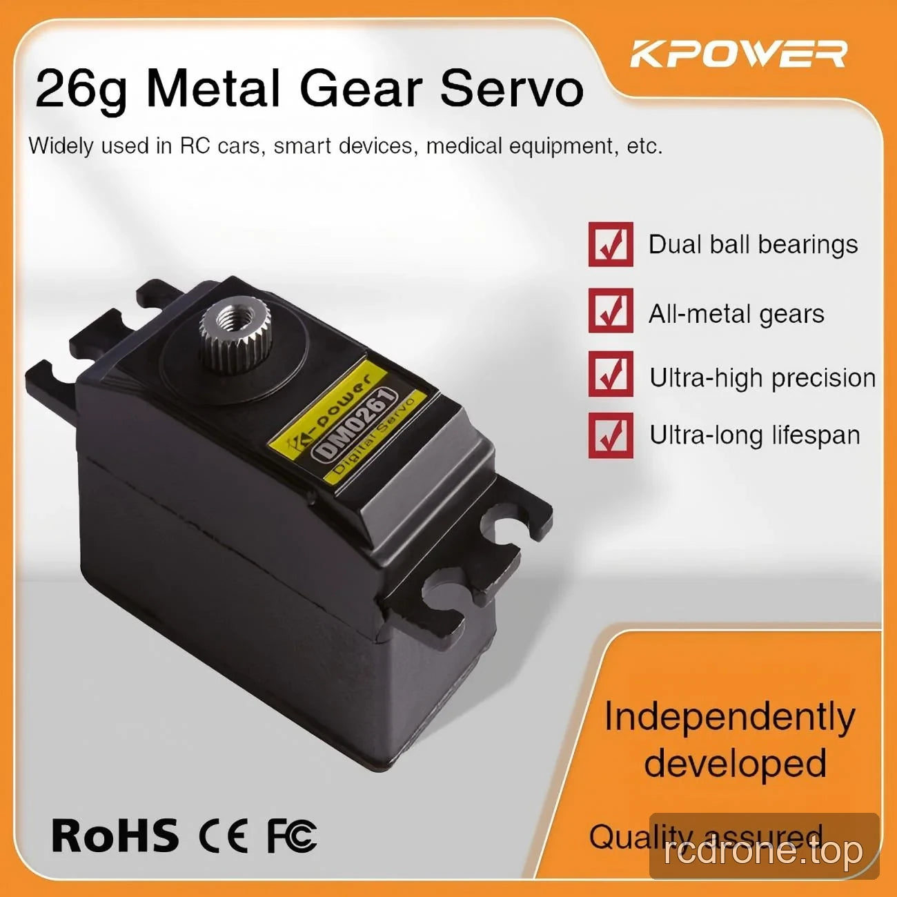 Kpower DM0261 digital servo with metal output spline and metal-gear and dual-bearing labels