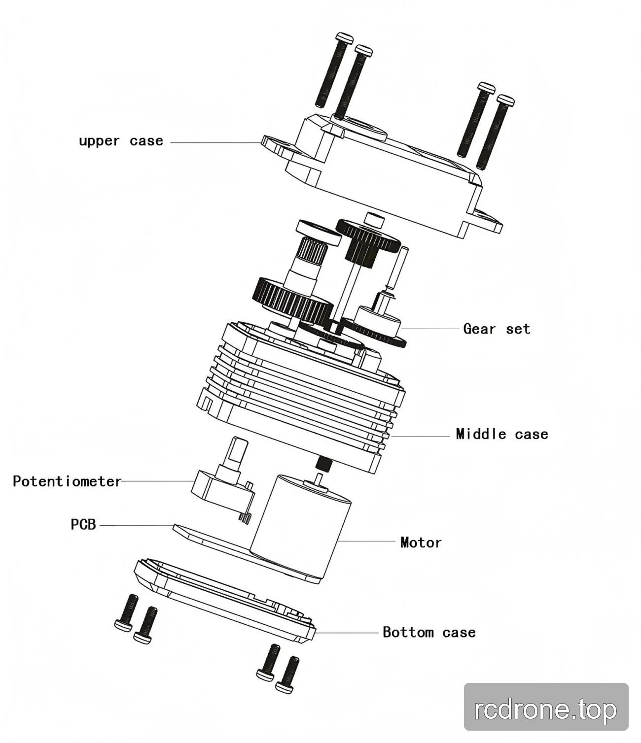 Exploded servo illustration with housing sections, gears, potentiometer, PCB and motor