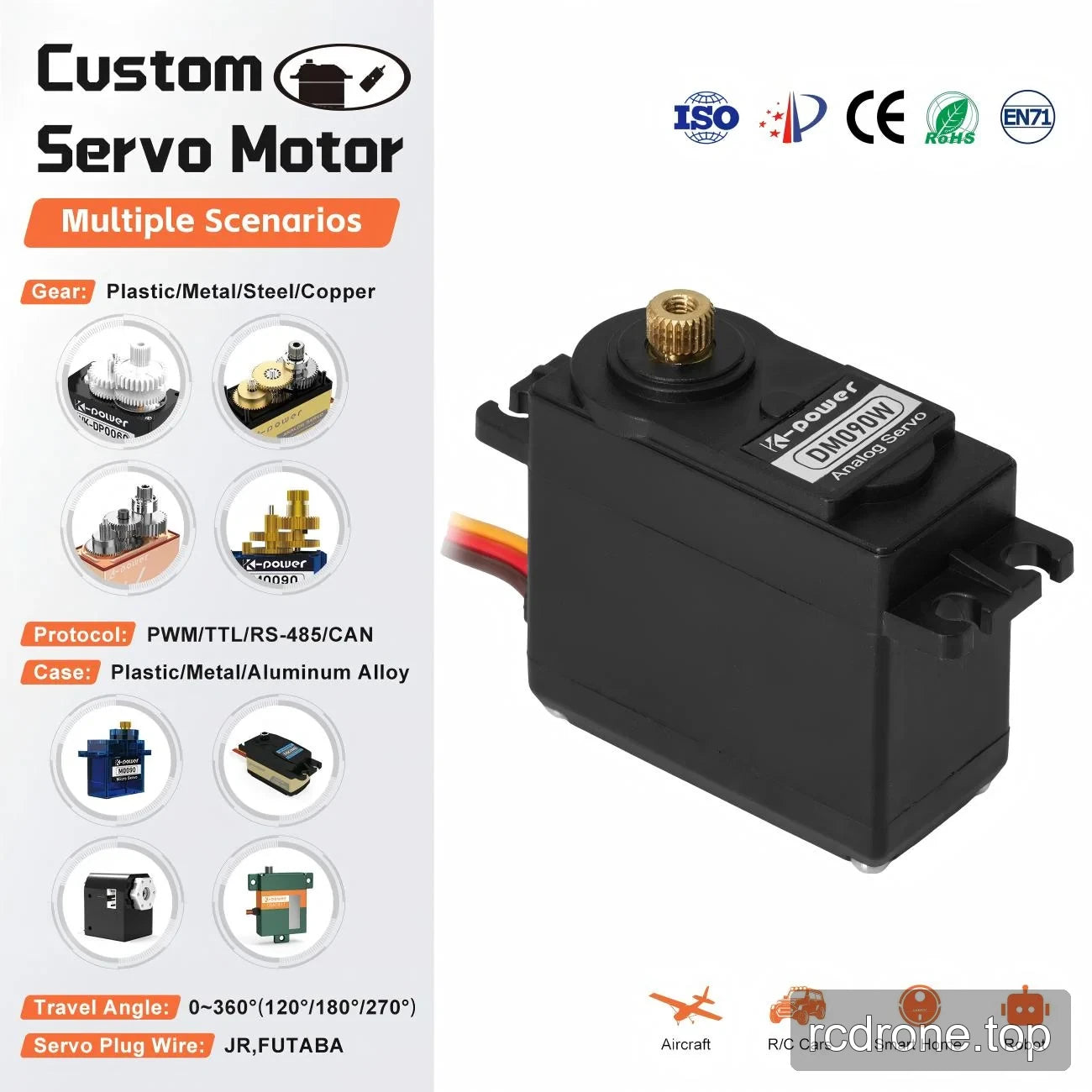 Black Kpower DM090W servo with splined shaft and slotted mounting tabs beside customization references