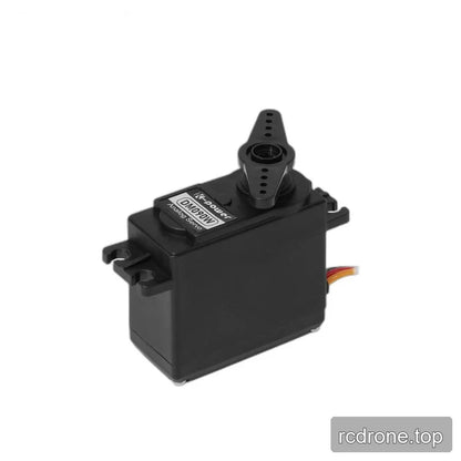 Black DM090W servo with a two-arm perforated horn attached, showing the top label, mounting tabs, and wire lead.