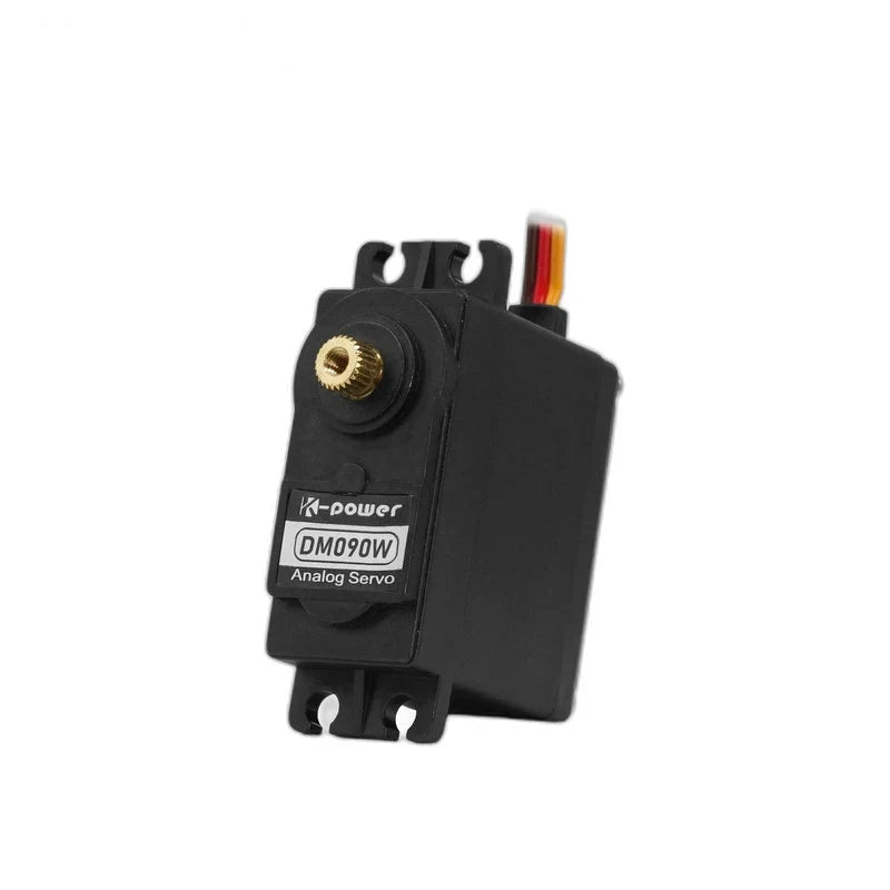 DM090W analog servo tilted upright, with its label facing forward, exposed splined shaft, and slotted mounting tabs.