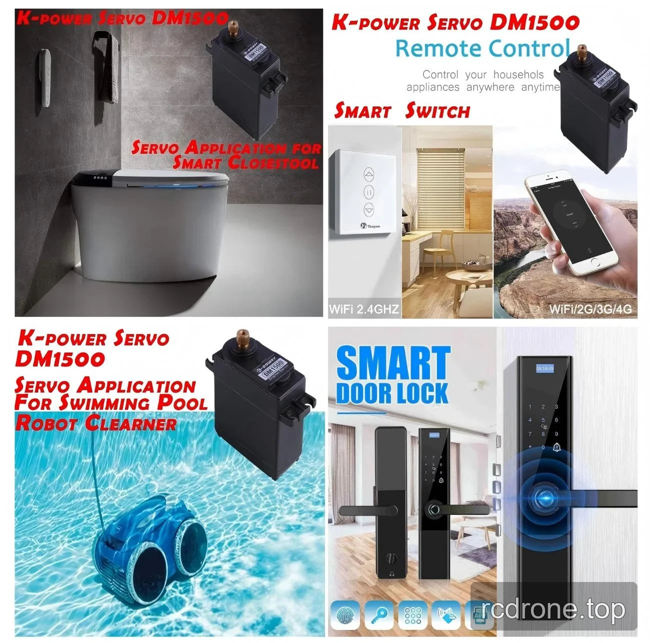 DM1500 application panels for smart toilets, switches and pool cleaners, with a door-lock example