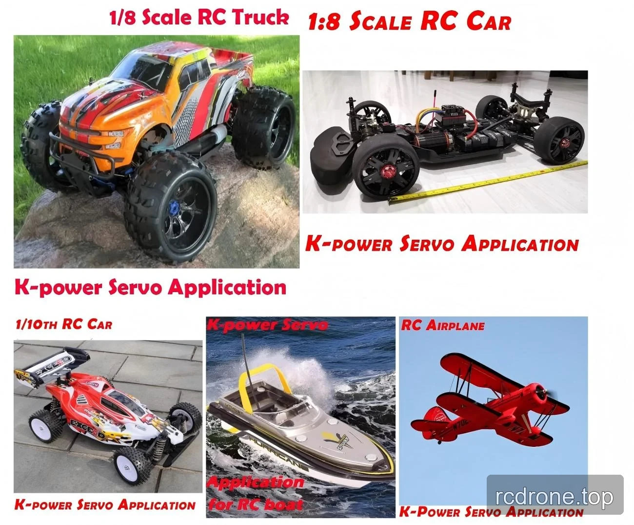 Illustrative Kpower servo applications with RC vehicles, boat and airplane