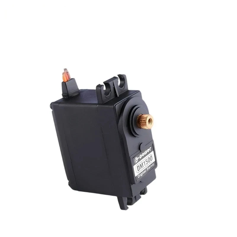 Tilted black servo showing the DM1500 label, gold-colored output shaft, mounting holes and short wire section.