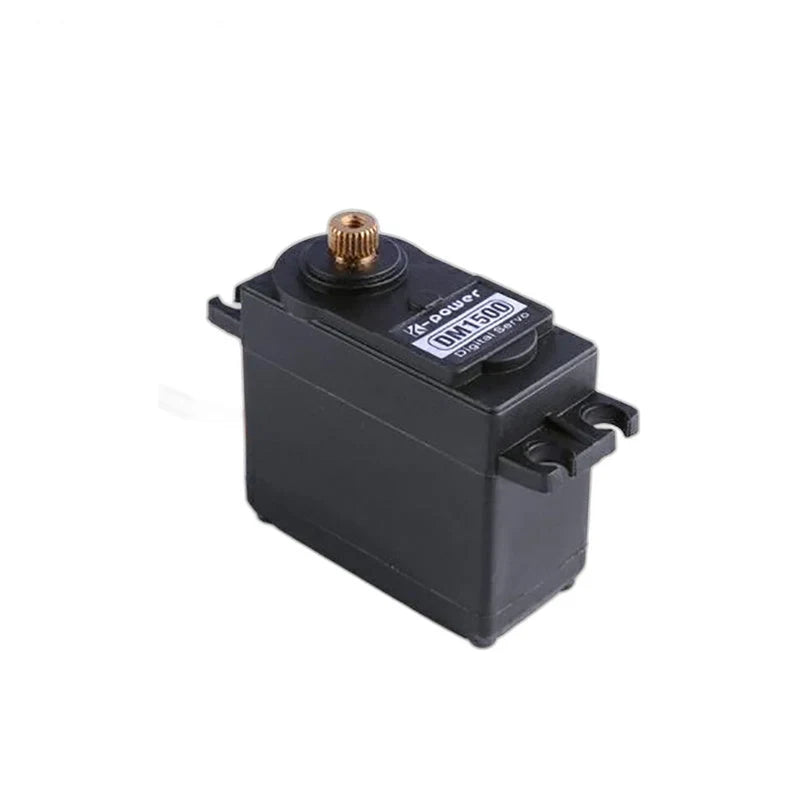 Black Kpower DM1500 servo in upright three-quarter view, showing its splined shaft, top label and mounting tabs.