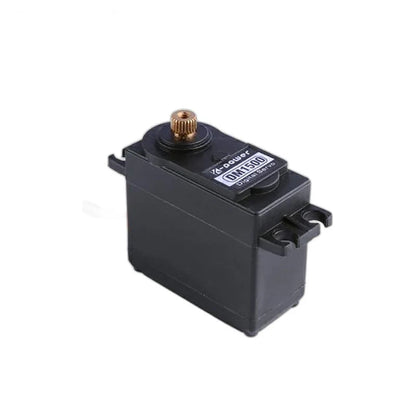 Black Kpower DM1500 servo in upright three-quarter view, showing its splined shaft, top label and mounting tabs.