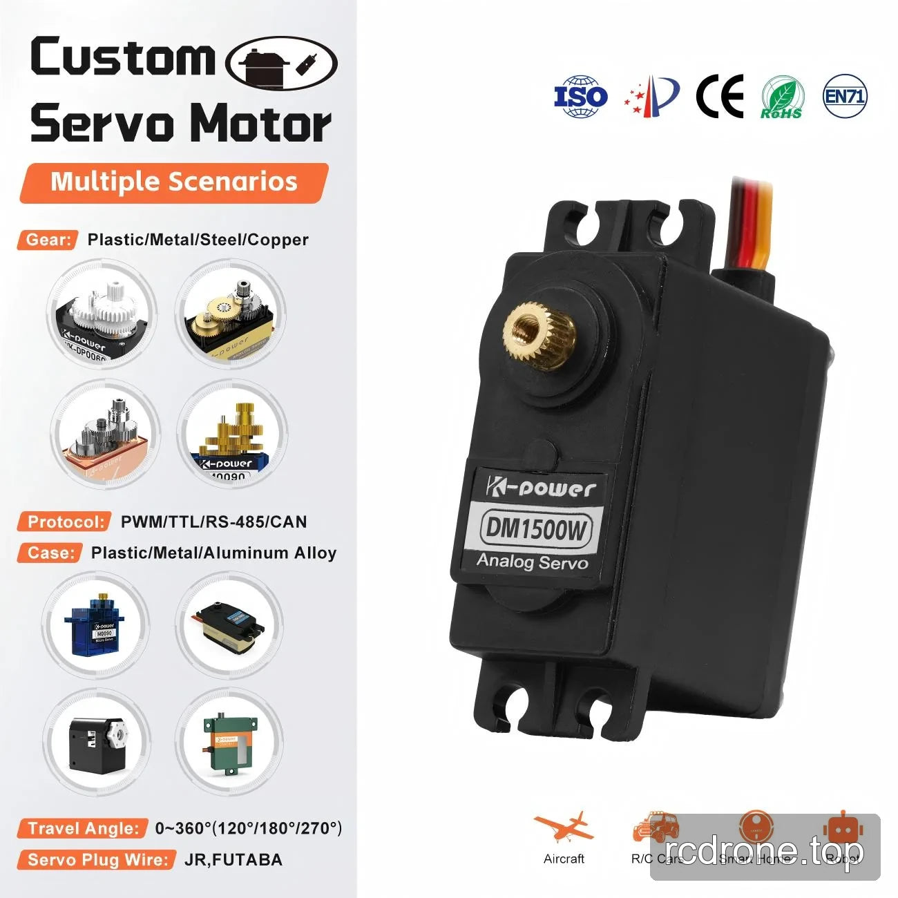 DM1500W-labelled analog servo beside general servo customization choices